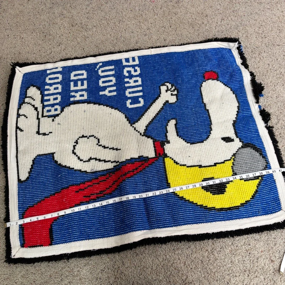 Vintage Snoopy Curse You Red Baron‎ Latch Hook Rug Wall Hanging Blue Peanuts SEE